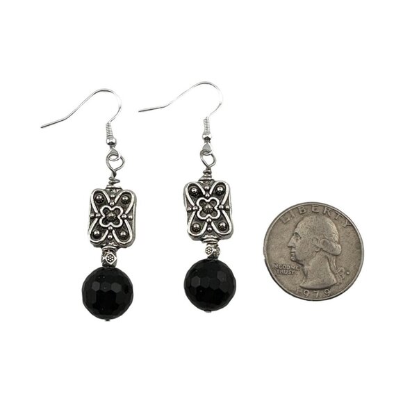 Faceted Black Onyx Earrings 925 Sterling Silver French Hooks - Picture 9 of 13
